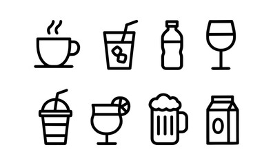 Minimalist beverage icons set featuring coffee, juice, water, wine, smoothie, cocktail, beer, and milk