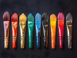 Vibrant paintbrushes arranged on dark background, artistic mood, creative tools.