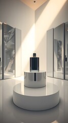 Luxury Black Perfume Bottle on Minimalist White and Silver Display Platform in Modern Bright Room with Mirrors.