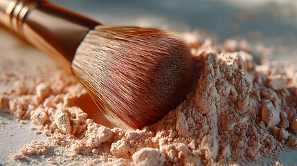 Soft-toned background showcasing a makeup brush and scattered loose powder in an elegant flat lay