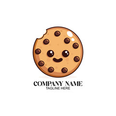 Cute Chocolate Chip Cookie Cartoon: A delightful cartoon chocolate chip cookie with a happy face and a bite taken out of it.  Perfect for bakery logos, websites.