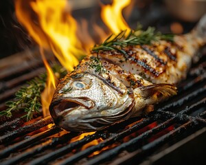 Grilled whole fish with herbs cooking over open flames on barbecue grill