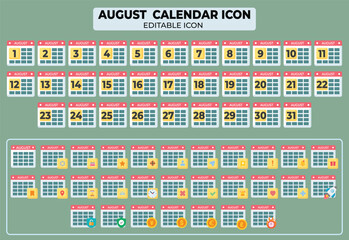 August Calendar Icon Set: A Collection of Editable Flat Design Vector Illustrations for Planning and Scheduling