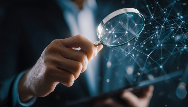 Businessman using magnifying glass to analyze digital data connections on tablet - Powered by Adobe