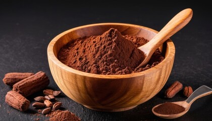 A wooden bowl with cinnamon or cocoa powder and a spoon surrounded by cocoa beans. Ideal for culinary projects and a cozy atmosphere.