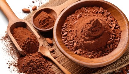 A large wooden bowl with cocoa powder or cinnamon and almonds on a wooden surface. Perfect for cozy cooking and natural style.