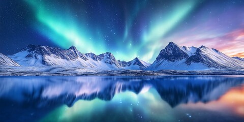 Majestic Northern Lights over snow-capped mountains reflecting on a serene lake