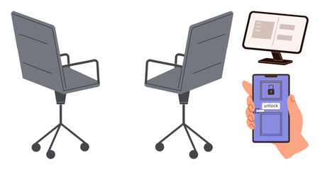 Two office chairs on casters, a computer monitor displaying text, and a smartphone unlocking screen. Ideal for remote access, workplace security, technology, modern design, innovation, mobility