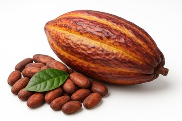 A whole cocoa fruit next to a pile of cocoa beans and a green leaf on a white background. Perfect for illustrating natural ingredients and exotic fruits.