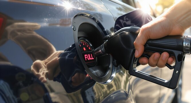 Refueling a Car Fuel Pump Full Tank Gas Station Close Up