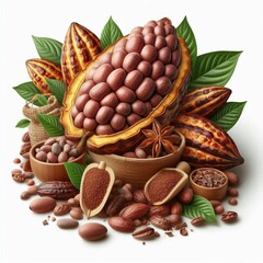 On a white background there are cocoa beans, cocoa leaves, cocoa powder and anise stars stacked in wooden dishes. This composition creates an atmosphere of naturalness.