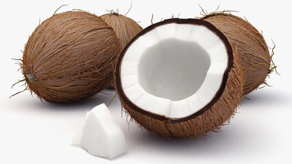 There are four coconuts on a white background: one is cut in half, showing its white flesh, and there is a small piece next to it. The other three coconuts are whole with a brown fibrous shell.