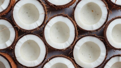 Top view of several coconut halves with a creamy-white inner part and a textured brown shell. Perfect for illustrating tropical fruits and natural ingredients.