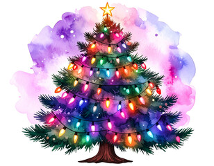 Christmas tree lights glowing, transparent background 