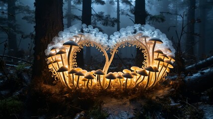 Illuminated mushroom ring in a dark ethereal forest scene