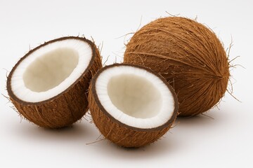 There are three coconuts on a white background: one whole, two cut in half, showing delicious white flesh. The brown fibrous peel gives an exotic look.