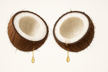 There are two halves of a coconut on a simple white background. Each one is filled with white meat, from which a clear yellow liquid drips. The brown texture of the shell creates an exotic and natural