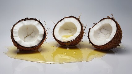 On a white background there are three halves of coconut with white flesh, from which transparent yellow oil drips. The brown fibrous shell creates an exotic look, the lighting emphasizes naturalness 