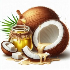 It shows whole coconuts and a sliced coconut dripping with oil. Next to it is a bottle of coconut oil and a spoon with white chips. Everything is on a wooden board, decorated with green palm leaves.