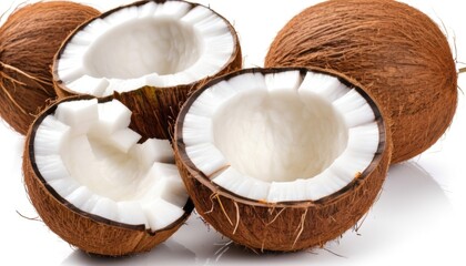  Two whole coconuts, a half and pieces of pulp are presented on a white background. The brown shell contrasts with the white, creamy flesh, creating an appetizing and fresh appearance.
