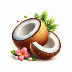 On a white background there are two halves of a coconut decorated with a pink frangipani flower and green leaves. White balls resembling coconut chips are scattered around.