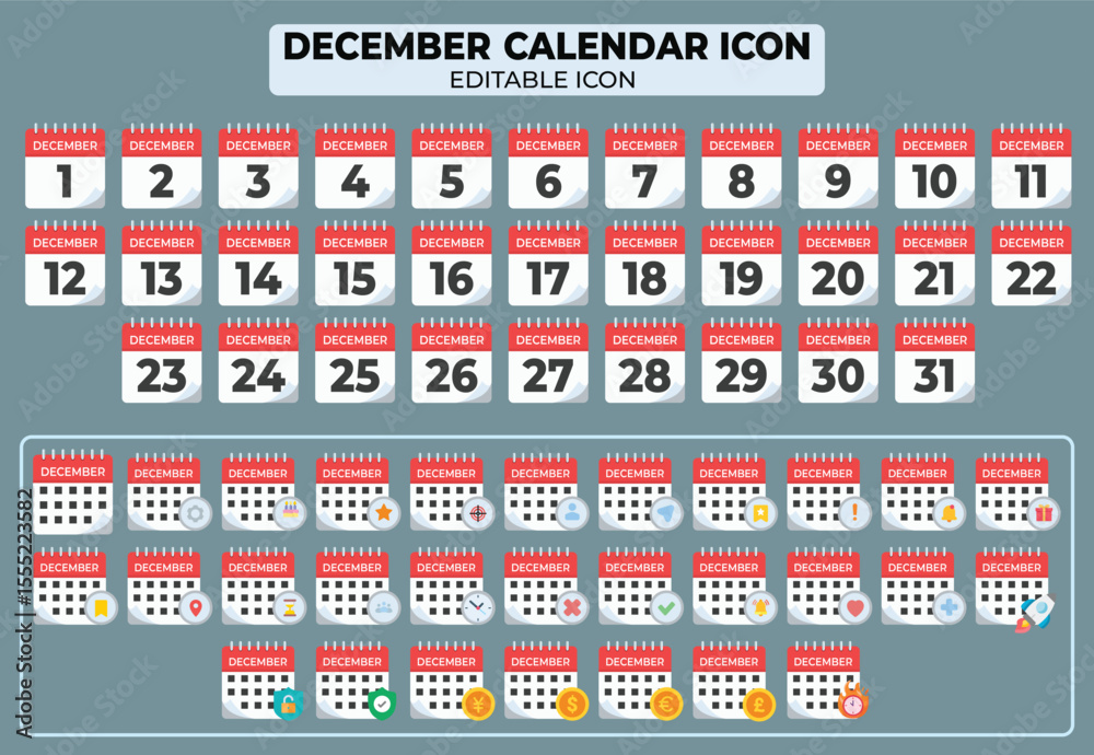 Poster december calendar icon set for planning and scheduling with various editable dates and elements