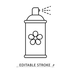 An air freshener spray can icon in minimalist style with editable stroke. Aerosol bottle, room fragrance, household deodorizer, sanitation product, hygiene tool, outline object, vector illustration.