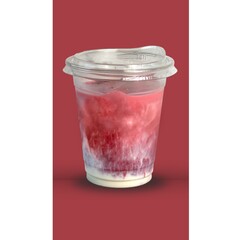 Iced creamy red velvet drink in clear plastic takeaway cup