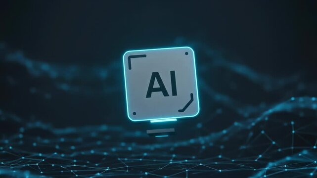 A 3D rendered square tile with AI text symbol floats above a digital wave network. Concept of artificial intelligence, machine learning, and data technology animation.