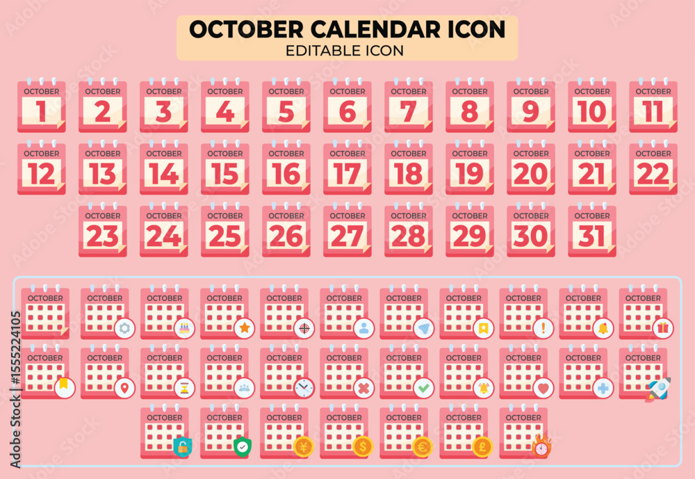 Poster october calendar icon set: editable vector templates for dates and scheduling