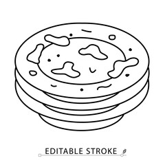 A stack of dirty plates icon in minimalist style with editable stroke. Dishwashing symbol, used tableware, kitchen cleanup, food stains, household mess, sanitation object, vector line illustration.