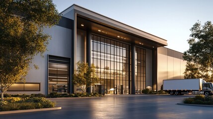 Fototapeta premium Modern warehouse facility with glass frontage. Spacious, contemporary industrial building, with large glass windows, and truck parked outside. Outdoor landscaping,