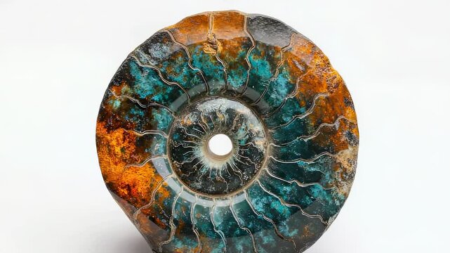 Close-up of a colorful iridescent ammonite fossil with spiral pattern on white background, geological specimen, paleontology, ancient life
