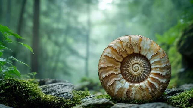 Close-up of an ammonite fossil in a misty forest, showcasing its spiral pattern and the surrounding mossy rocks in a natural history setting.