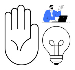 Obraz premium Outlined hand, bulb symbolizing innovation, and professional at laptop gesturing. Ideal for business, idea presentation, stop concepts, decision-making, innovation strategy, brainstorming teamwork