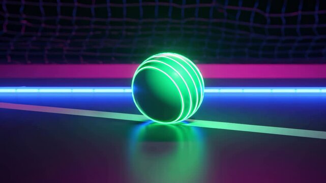 Futuristic neon tennis ball glowing on a vibrant court. Cyber sports ads, event posters, technology presentations, digital marketing, and backgrounds