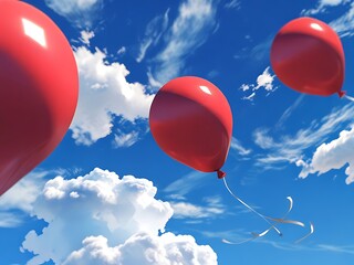 Three red balloons float against a vibrant blue sky with scattered, fluffy white clouds.