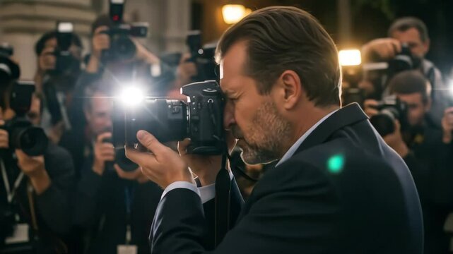 Man in suit taking a photo surrounded by paparazzi with camera flashes going off