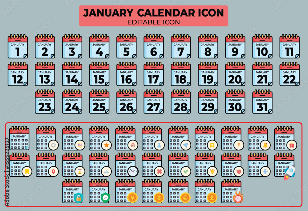 Poster january calendar icon set with editable and customizable design elements for creative projects