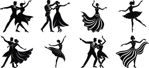 Vector art of silhouettes of dancing couples in different poses isolated on transparent