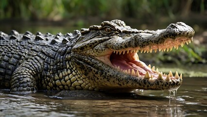 Fototapeta premium A close-up of a crocodile with its mouth open, showing sharp teeth and textured scales while resting partially submerged in water.