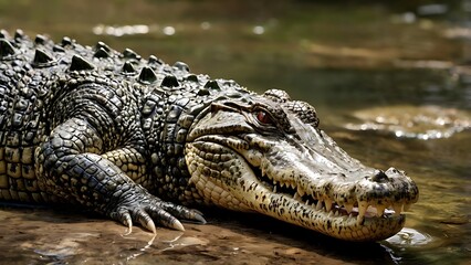 Fototapeta premium A close-up of a crocodile resting in shallow water, showcasing its textured skin, sharp teeth, and intense gaze.