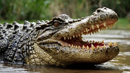 Obraz premium Close-up of a crocodile with open jaws showing sharp teeth, resting in murky water with blurred greenery in the background.