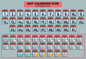 May Calendar Icon Set with Editable Vector Design for Planning and Scheduling, Perfect for Design Projects