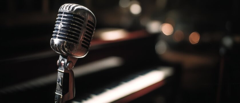 A vintage microphone stands poised against a softly blurred piano, evoking nostalgia and the timeless allure of live music.