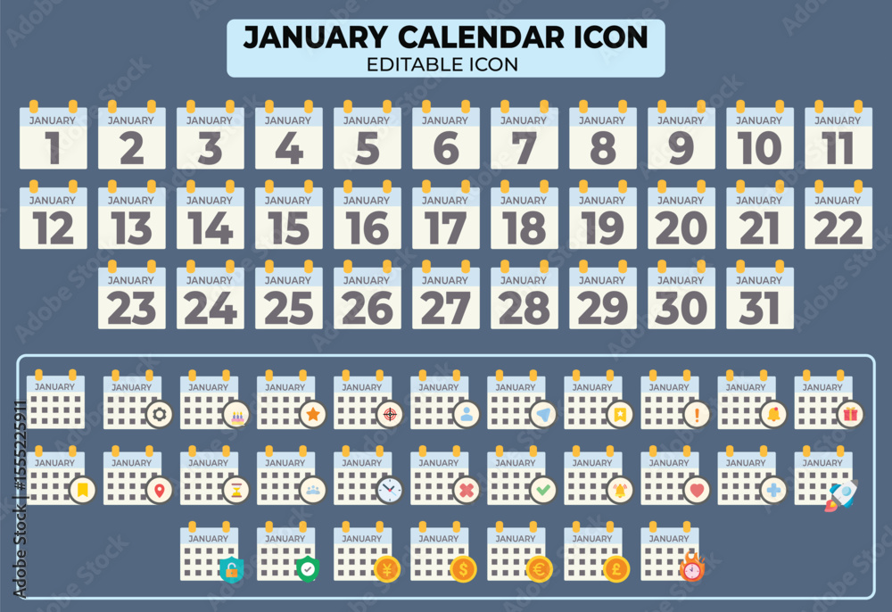 Poster january calendar icon set: editable vector graphics for scheduling and event management, covering th
