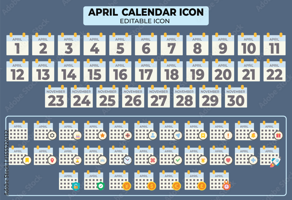 Poster april calendar icon set with editable features for planning and scheduling events