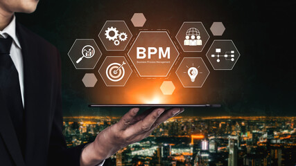 Business Process Management concept showing workflow analysis, process optimization, team...