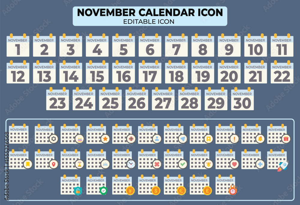 Poster editable november calendar icon set for website or app design with customizable dates and symbols