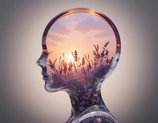 Transparent silhouette of a woman's head with the thought of a landscape